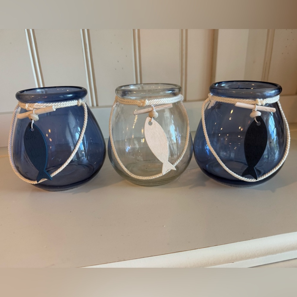 Set of 3 Nautical Glass Candle Holders - Blue and Clear with wooden fish charms